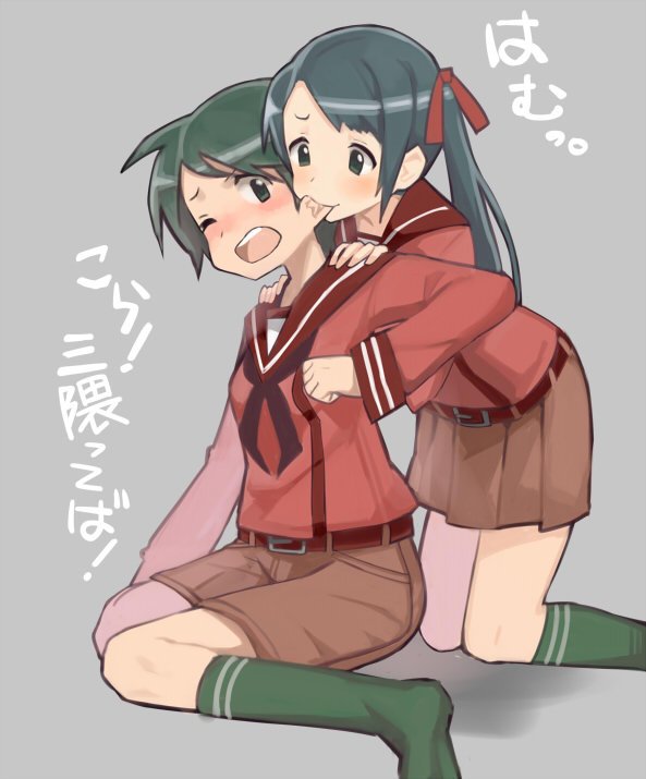 2girls bangs biting black_eyes black_hair black_legwear black_neckwear brown_sailor_collar brown_serafuku brown_shorts brown_skirt ear_biting green_hair grey_background kantai_collection kneehighs kneeling mikuma_(kantai_collection) mogami_(kantai_collection) mogamiya_honu multiple_girls neckerchief open_mouth pleated_skirt sailor_collar school_uniform serafuku short_hair shorts simple_background skirt swept_bangs translated