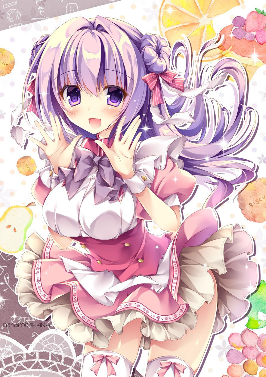 1girl alternate_costume artist_name biscuit blush breasts commentary_request double_bun dress enmaided eyebrows_visible_through_hair floating_hair food hair_between_eyes hair_ribbon highres layered_dress long_hair looking_at_viewer maid medium_breasts nanaroba_hana open_hands open_mouth original purple_hair ribbon short_sleeves solo thigh-highs violet_eyes white_legwear wrist_cuffs