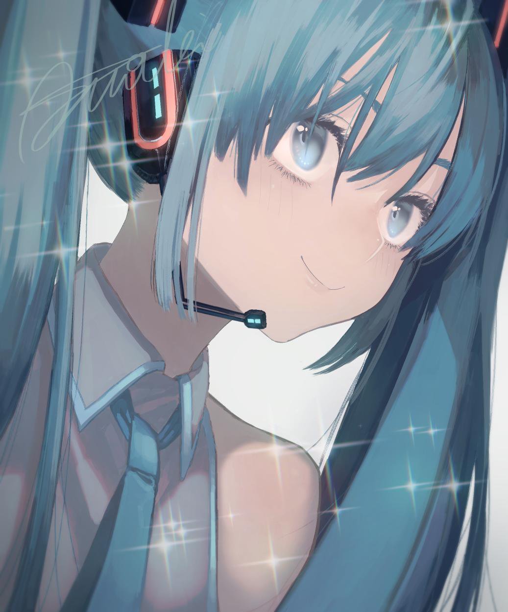 1girl arms_at_sides asu_oki bangs bare_shoulders blue_eyes blue_hair blue_neckwear blue_theme blush close-up dutch_angle eyelashes face hair_between_eyes happy hatsune_miku headset highres long_hair looking_away necktie shirt signature simple_background sleeveless sleeveless_shirt smile solo sparkle twintails upper_body very_long_hair vocaloid white_background white_shirt