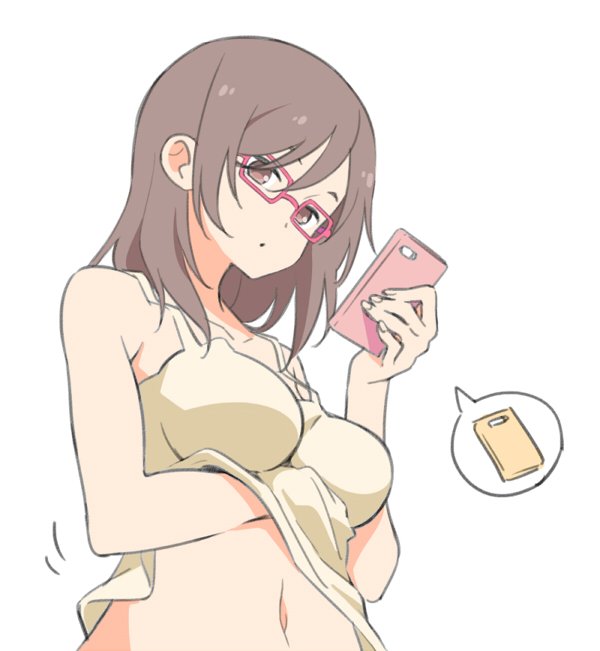 1girl artist_request bare_shoulders breasts brown_hair cellphone commentary_request hand_under_clothes joshi_kousei_no_mudazukai kikuchi_akane large_breasts long_hair navel phone pink-framed_eyewear solo tank_top white_background