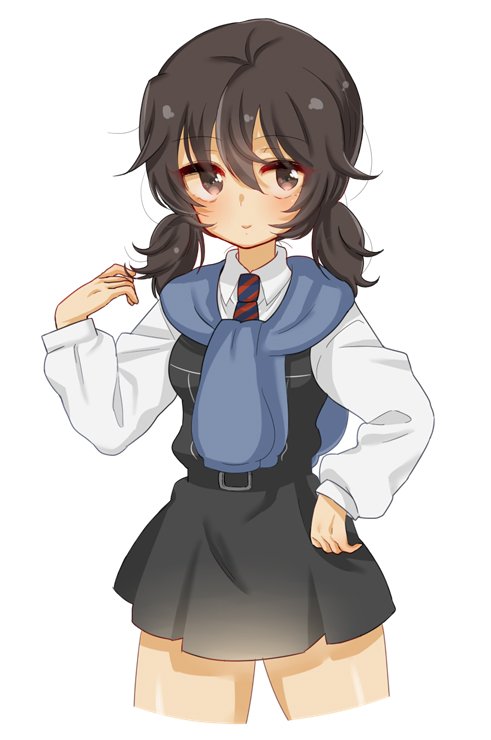 1girl alternate_hairstyle andou_(girls_und_panzer) bangs bc_freedom_school_uniform black_hair brown_eyes dark_skin girls_und_panzer hand_up kumasawa_(dkdkr) long_sleeves looking_at_viewer low_twintails medium_hair messy_hair necktie open_mouth school_uniform solo sweater sweater_around_neck thighs twintails