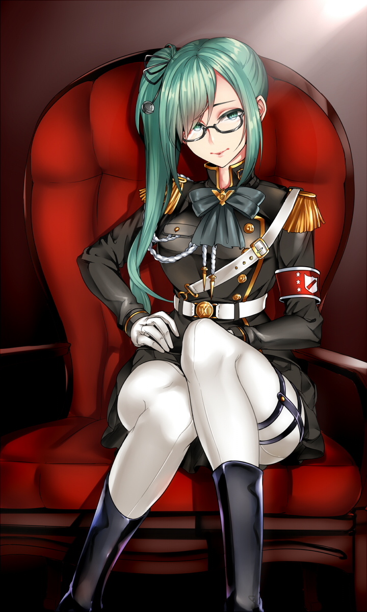 .live 1girl armband bangs belt black-framed_eyewear black_bow black_footwear bow chair chiku_(gesu) epaulettes glasses gloves green_eyes green_hair highres indoors kagura_suzu_(.live) long_hair long_sleeves looking_at_viewer military military_uniform papers_please semi-rimless_eyewear side_ponytail sitting solo uniform very_long_hair virtual_youtuber white_gloves