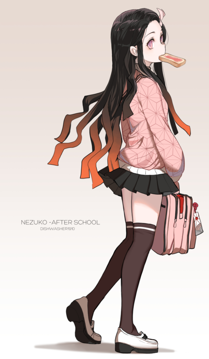 1girl artist_name backpack bag bag_charm black_hair black_skirt blush brown_hair brown_legwear charm_(object) dishwasher1910 food food_in_mouth forehead from_side full_body gradient gradient_background gradient_hair grey_hair hair_ornament hairclip holding holding_backpack kamado_nezuko kimetsu_no_yaiba long_hair long_sleeves looking_at_viewer looking_to_the_side miniskirt mouth_hold multicolored_hair orange_hair pink_eyes pink_sweater pleated_skirt shoes skirt solo standing sweater thigh-highs toast toast_in_mouth very_long_hair white_footwear zettai_ryouiki
