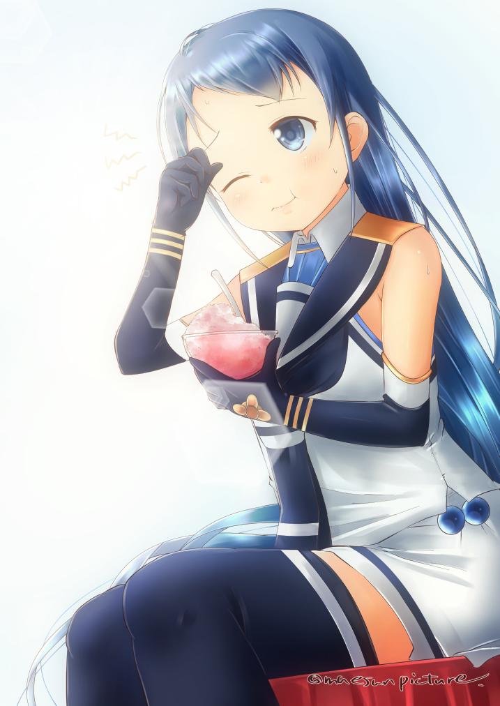 1girl artist_name bangs bare_shoulders blue_eyes blue_gloves blue_hair blue_legwear blue_neckwear bowl commentary_request eating elbow_gloves gloves holding holding_bowl kantai_collection long_hair looking_at_viewer mae_(maesanpicture) neckerchief one_eye_closed sailor_collar samidare_(kantai_collection) shaved_ice shiny shiny_hair shirt simple_background sitting sleeveless sleeveless_shirt solo sweat swept_bangs thigh-highs very_long_hair white_background white_serafuku zettai_ryouiki