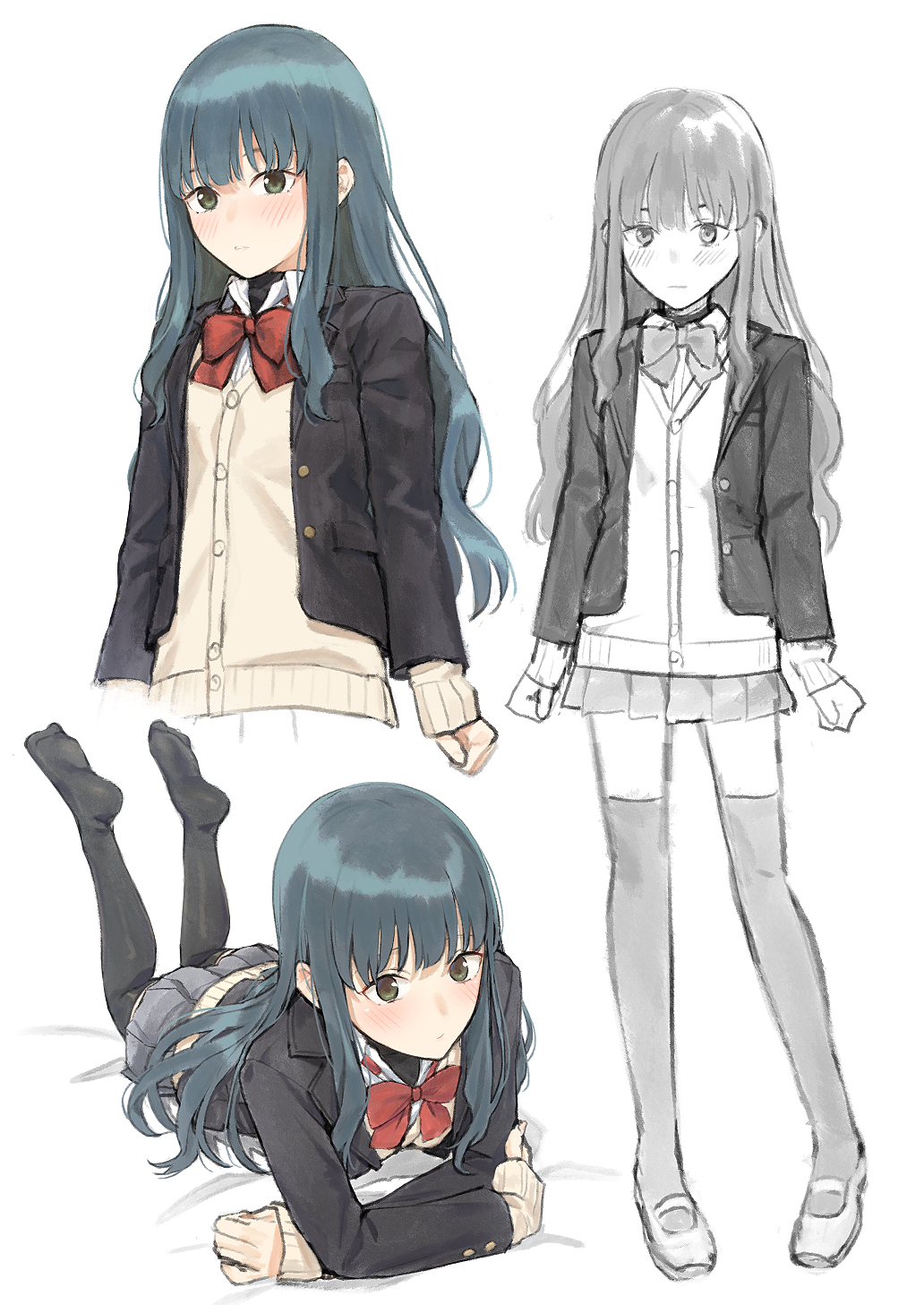 1girl bangs bed_sheet black_jacket black_legwear blazer blue_hair blush bow brown_cardigan cardigan closed_mouth collared_shirt crossed_arms dress_shirt eyebrows_behind_hair green_eyes highres jacket legs_up long_hair long_sleeves lying mikazuchi_zeus multiple_views no_shoes on_stomach open_blazer open_clothes open_jacket original pleated_skirt red_bow school_uniform shirt shoes skirt sleeves_past_wrists soles thigh-highs uwabaki very_long_hair white_background white_shirt