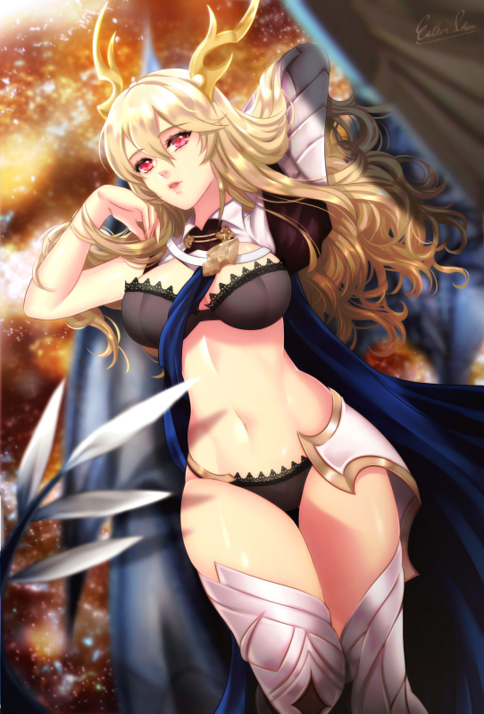 1girl armored_boots arms_up artist_name black_bra black_panties blonde_hair boots bra breasts cape corrin_(fire_emblem) corrin_(fire_emblem)_(female) cowboy_shot day dragon_tail dutch_angle esther fire_emblem fire_emblem_fates hair_between_eyes hand_in_hair lips long_hair medium_breasts midriff navel outdoors panties red_eyes signature solo tail thigh-highs thigh_boots thighs tree underwear