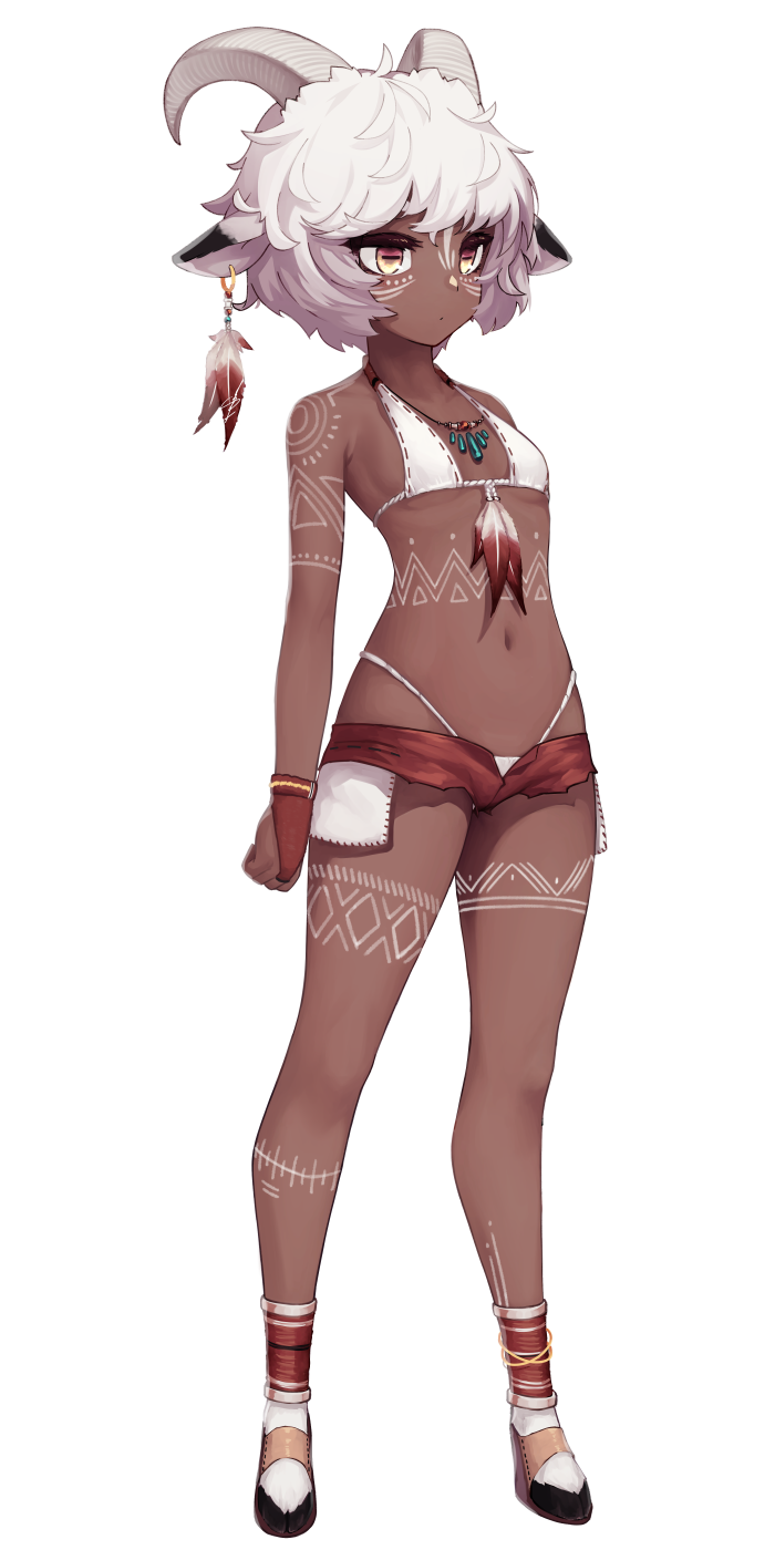 1girl animal_ears bangs bare_arms bare_shoulders bikini bikini_under_clothes breasts bridal_gauntlets brown_eyes closed_mouth curled_horns dark_skin dev ear_piercing feathers full_body goat_ears goat_horns hair_between_eyes highres hooves looking_away micro_shorts navel open_clothes open_fly open_shorts original piercing red_feathers red_shorts shorts simple_background small_breasts solo swimsuit white_background white_bikini white_hair