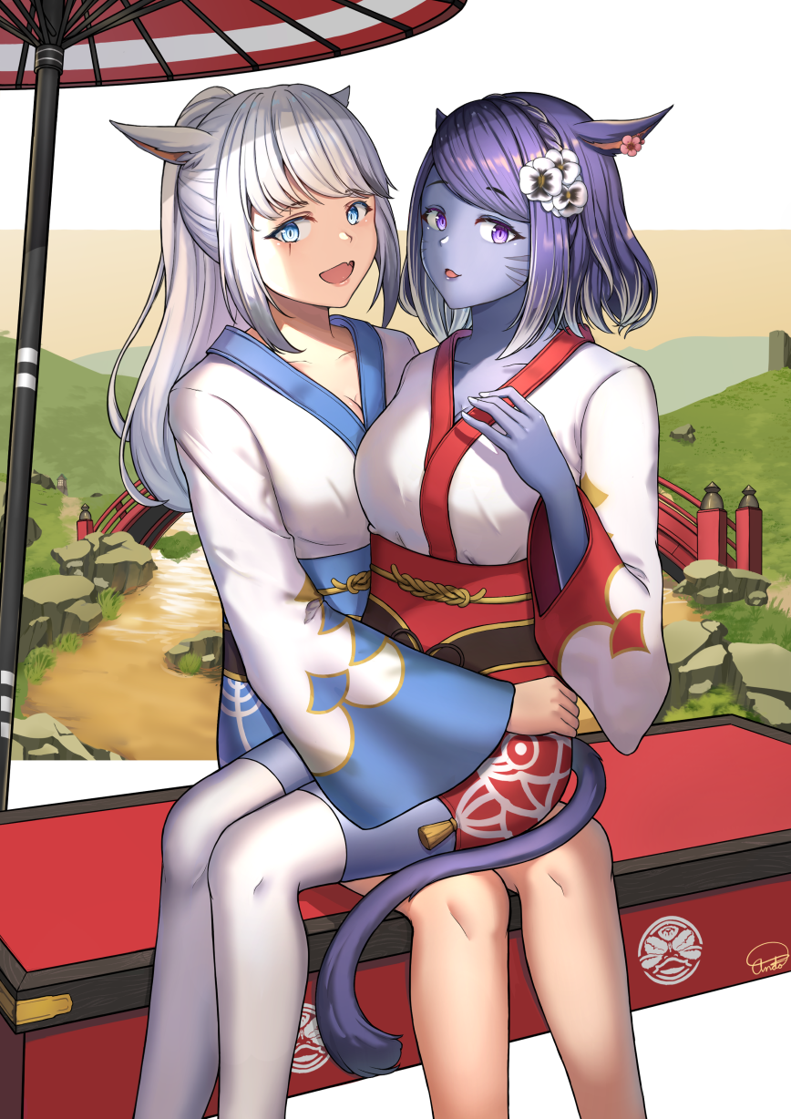 2girls andonoz animal_ears bangs black_skin blue_eyes breasts cat_ears cat_tail earrings eyebrows_visible_through_hair facial_mark fang final_fantasy final_fantasy_xiv flower hair_flower hair_ornament highres japanese_clothes jewelry kimono large_breasts long_hair looking_at_viewer miqo'te multiple_girls obi open_mouth oriental_umbrella ponytail purple_hair sash scar scar_across_eye short_hair sitting sitting_on_lap sitting_on_person tail thigh-highs umbrella violet_eyes whisker_markings white_hair white_legwear yukata