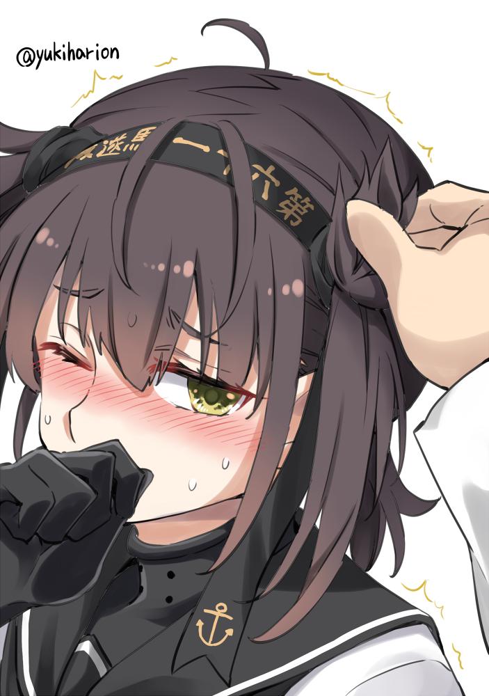 1girl ahoge anchor anchor_symbol bangs blush brown_hair close-up clothes_writing covering covering_mouth eyebrows_visible_through_hair grabbing hachimaki hair_flaps hair_grab hatsuzuki_(kantai_collection) headband kantai_collection nose_blush one_eye_closed out_of_frame sailor_collar school_uniform serafuku sexually_suggestive short_hair simple_background sweat twitter_username white_background yellow_eyes yukiharu