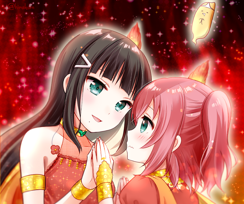 2girls black_hair commentary_request green_eyes hirako holding_hands inferno_phoenix kurosawa_dia kurosawa_ruby long_hair love_live! love_live!_sunshine!! mole multiple_girls redhead short_twintails siblings sisters twintails