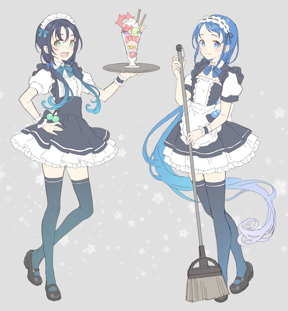 2girls :d alternate_costume blue_eyes blue_hair bow bowtie broom commentary_request enmaided full_body green_eyes grey_background hand_on_hip kantai_collection long_hair maid maid_headdress multiple_girls open_mouth parfait samidare_(kantai_collection) shiosoda simple_background smile standing suzukaze_(kantai_collection) thigh-highs tray wrist_cuffs zettai_ryouiki