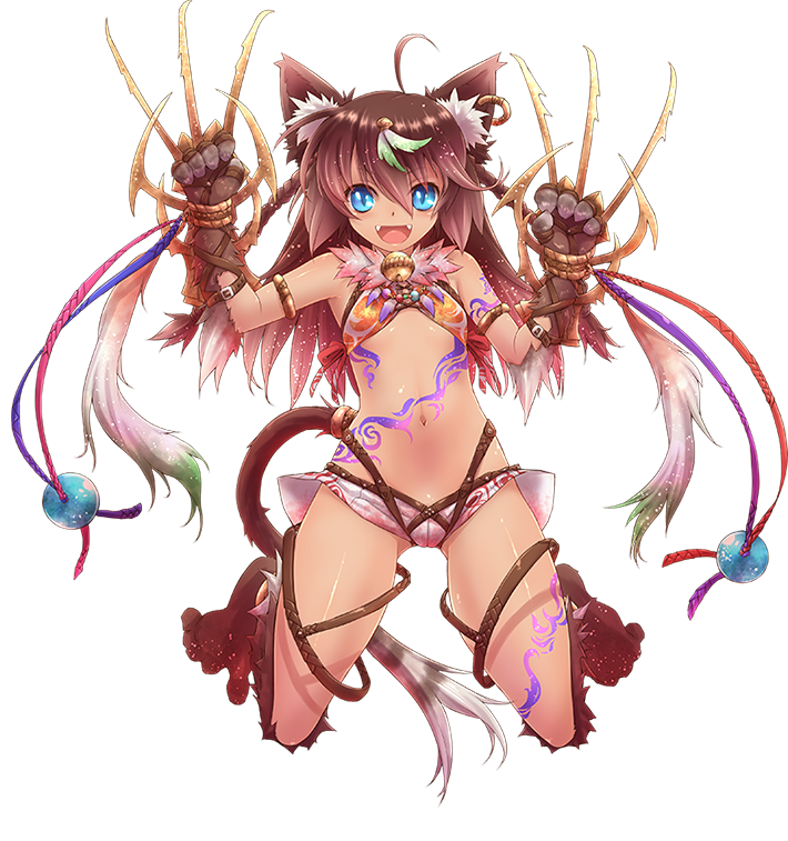 1girl :d animal_ears armlet bell blue_eyes bra braid brown_hair cat_ears cat_tail claw_(weapon) dark_skin fangs full_body fur gradient_hair jingle_bell long_hair multicolored_hair navel official_art open_mouth paws sennen_sensou_aigis short_shorts shorts smile tail transparent_background tsukigami_chronica twin_braids underwear ur_(sennen_sensou_aigis) v-shaped_eyebrows weapon white_hair