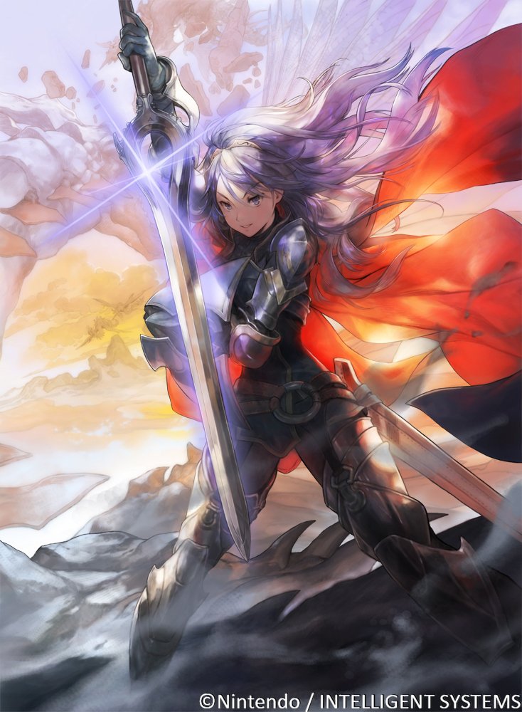 1girl armor armored_boots blue_eyes blue_hair boots breastplate cape clouds cloudy_sky day dragon falchion_(fire_emblem) fire_emblem fire_emblem:_kakusei fire_emblem_awakening fire_emblem_cipher gloves hirooka_masaki intelligent_systems long_hair looking_at_viewer lucina lucina_(fire_emblem) nintendo official_art outdoors scabbard sheath shield sky smile solo standing super_smash_bros. sword tiara unsheathed watermark weapon wind