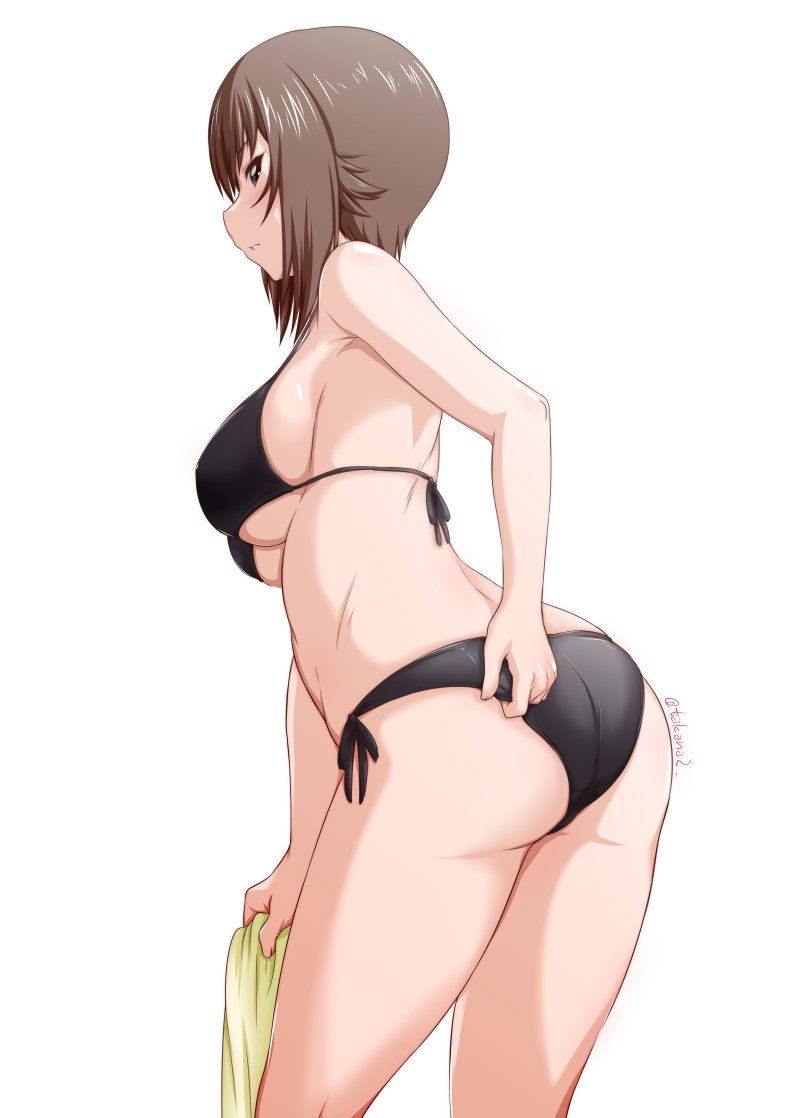 1girl adjusting_clothes adjusting_swimsuit ass back bangs bikini black_bikini blush breasts brown_eyes brown_hair commentary from_behind girls_und_panzer holding holding_towel leaning_forward looking_at_viewer looking_back medium_breasts nishizumi_maho parted_lips short_hair side-tie_bikini simple_background solo standing swimsuit thighs towel twitter_username under_boob white_background yts_takana