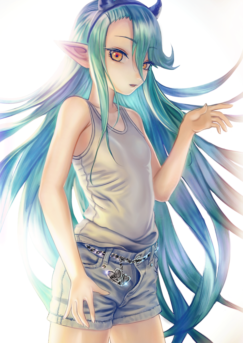 1girl aqua_hair arm_at_side arm_up bangs belt breasts commentary grey_shirt hair_between_eyes hairband highres long_bangs long_hair original pointy_ears ransui_(al-nit-ak) shirt short_shorts shorts small_breasts solo symbol_commentary tank_top very_long_hair yellow_eyes