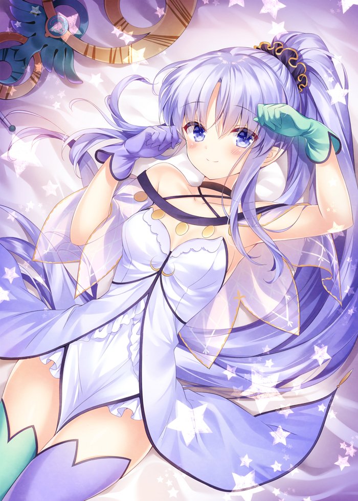 1girl arm_up armpits blue_eyes breasts caster_lily choker closed_mouth dress fate/grand_order fate_(series) gloves green_gloves green_legwear hair_ornament hair_scrunchie hand_up long_hair looking_at_viewer lying medium_breasts mismatched_gloves mismatched_legwear nogi_takayoshi on_back pelvic_curtain pointy_ears ponytail purple_gloves purple_hair purple_legwear scrunchie sidelocks smile solo staff star strapless strapless_dress thigh-highs very_long_hair white_dress