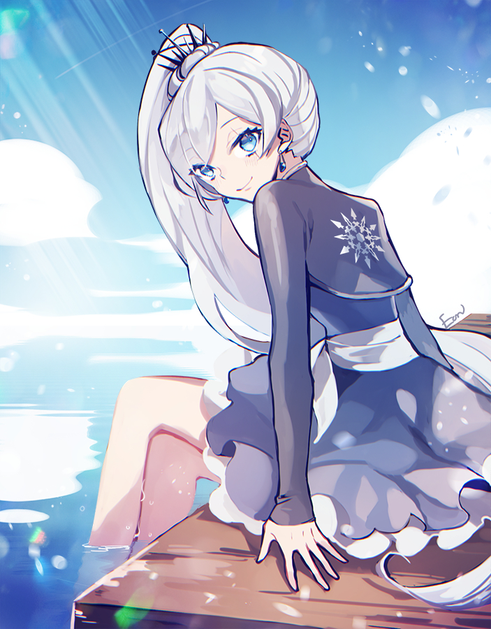 1girl bangs blue_eyes blue_skirt blue_sky closed_mouth clouds day earrings ecru floating_hair from_side jewelry long_hair looking_at_viewer miniskirt outdoors rwby shrug_(clothing) signature silver_hair sitting sketch skirt sky smile snowflake_print soaking_feet solo swept_bangs very_long_hair weiss_schnee