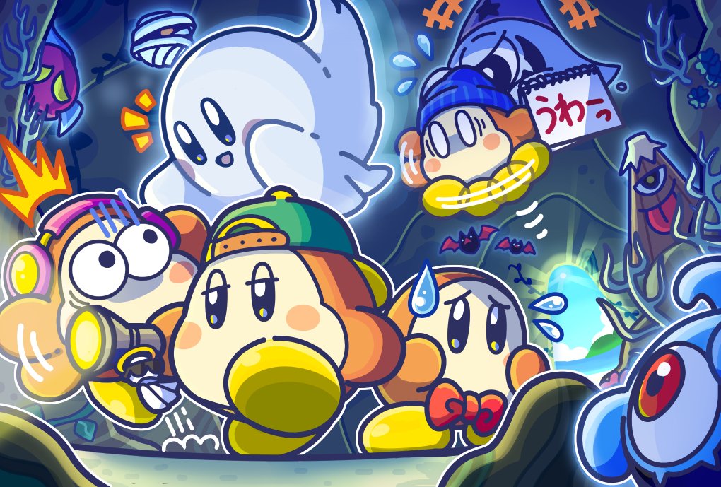 cave channel_ppp copy_ability flashlight flying_sweatdrops ghost horror_tramp kimodameshi kirby kirby_(series) mumbies_(kirby) official_art scared waddle_dee