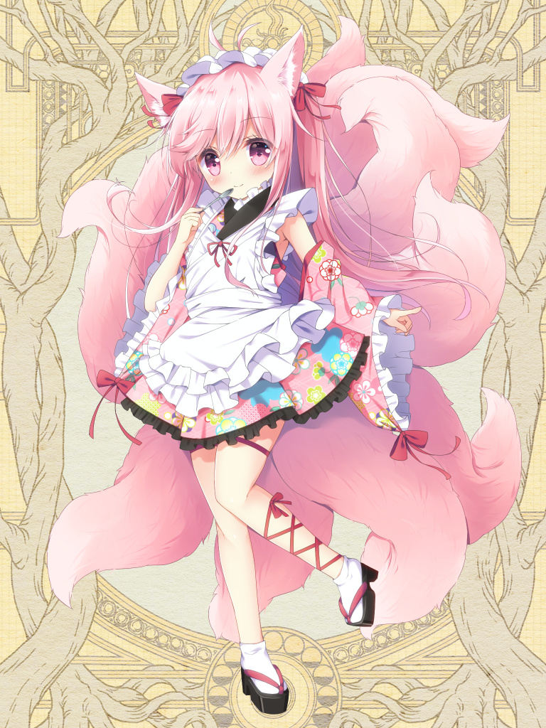 1girl animal_ear_fluff animal_ears ankle_socks apron bangs black_footwear blush bow closed_mouth commentary_request dairoku_youhei detached_sleeves eyebrows_visible_through_hair floral_print fox_ears fox_girl fox_tail frilled_apron frilled_kimono frills full_body hair_between_eyes hair_bow holding japanese_clothes kimono kimono_skirt kyuubi long_hair long_sleeves multiple_tails pink_hair pink_kimono platform_footwear platform_heels print_kimono red_bow red_ribbon ribbon satsuki_yukimi sleeveless sleeveless_kimono sleeves_past_wrists smile solo standing standing_on_one_leg tail two_side_up very_long_hair violet_eyes white_apron white_legwear wide_sleeves zouri