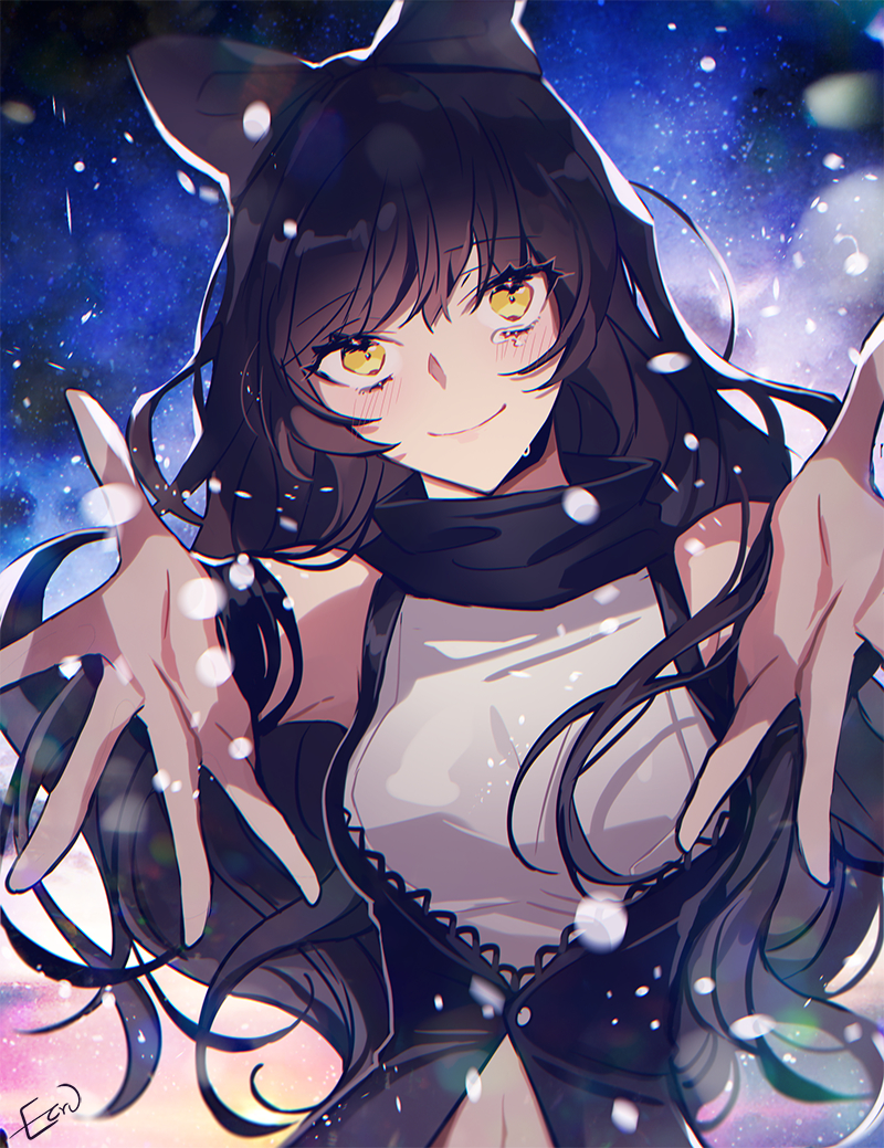 1girl bangs black_bow black_hair blake_belladonna bow closed_mouth ecru eyebrows_visible_through_hair floating_hair hair_bow long_hair midriff navel outstretched_arms outstretched_hand reaching_out rwby signature sleeves solo stomach upper_body very_long_hair yellow_eyes