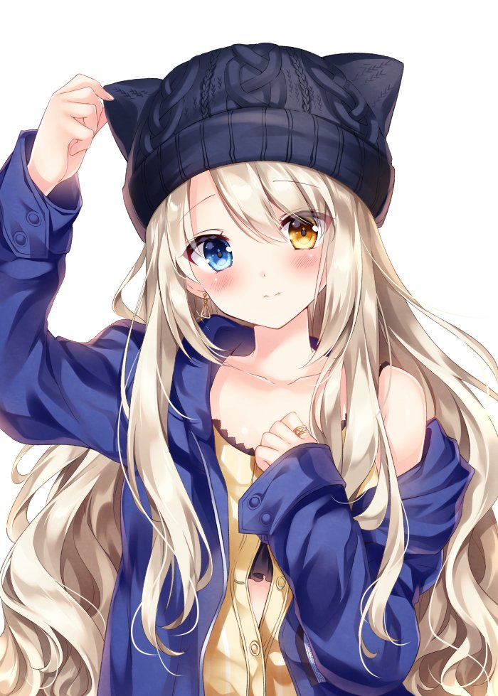 1girl animal_ears arm_up bangs bare_shoulders beanie black_headwear blonde_hair blue_eyes blue_jacket blush brown_hair buttons closed_mouth collarbone fake_animal_ears hair_between_eyes hand_on_headwear hat heterochromia jacket long_hair long_sleeves looking_at_viewer nogi_takayoshi off_shoulder open_clothes open_jacket original partially_unbuttoned shirt simple_background sleeveless sleeveless_shirt solo upper_body wavy_hair white_background yellow_shirt