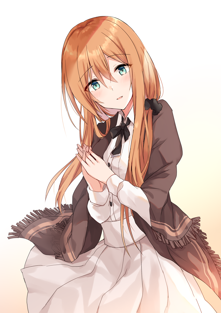 1girl bangs beige_background black_bow black_scrunchie blue_eyes blush bow brown_hair collared_shirt commentary_request dress_shirt eyebrows_visible_through_hair fringe_trim girls_frontline gradient gradient_background hair_between_eyes hair_ornament hair_scrunchie hands_together head_tilt interlocked_fingers kinona long_hair long_sleeves looking_at_viewer m1903_springfield_(girls_frontline) own_hands_together parted_lips pleated_skirt scrunchie shirt skirt solo very_long_hair white_background white_shirt white_skirt