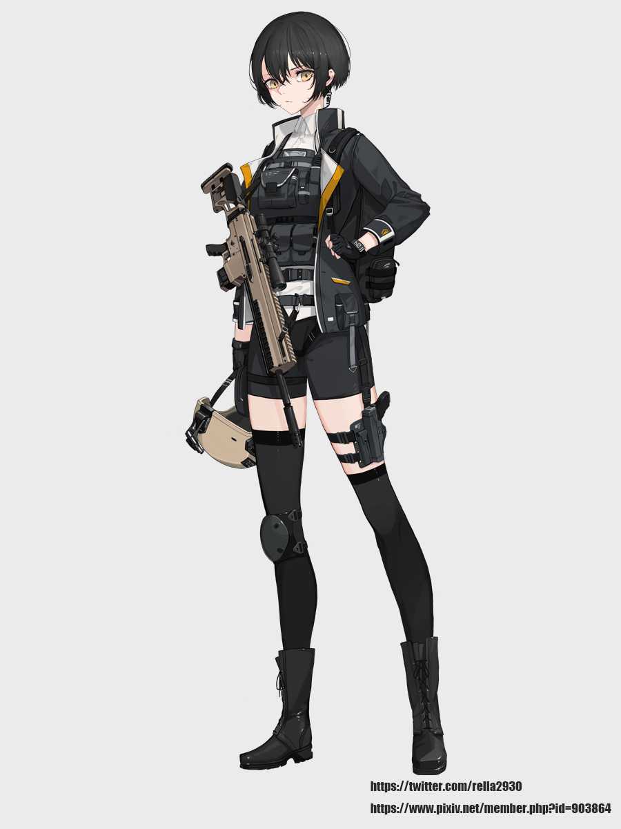 1girl akai2930 assault_rifle asymmetrical_legwear black_hair boots commander commentary earpiece expressionless fingerless_gloves full_body gloves grey_background gun gun_request hair_between_eyes handgun harness helmet highres holding holding_helmet holster jacket load_bearing_vest looking_at_viewer military open_clothes open_jacket original rifle short_hair shorts single_knee_pad solo thigh-highs thigh_holster weapon yellow_eyes