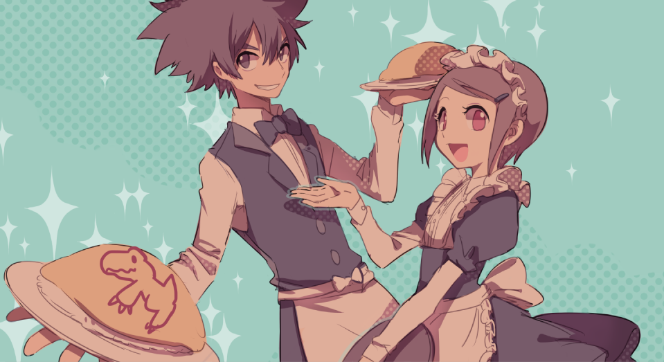 1boy 1girl agumon brother_and_sister brown_eyes brown_hair commentary_request digimon digimon_adventure huan_li maid open_mouth short_hair siblings smile yagami_hikari yagami_taichi