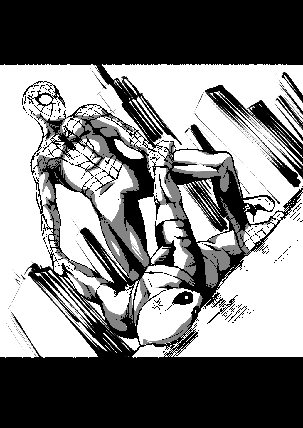 2boys anger_vein arm_grab commentary_request deadpool dutch_angle gachimuchi greyscale highres k-you_(pixiv) male_focus marvel mask monochrome multiple_boys parody spider-man spider-man_(series) submission_hold wrestling