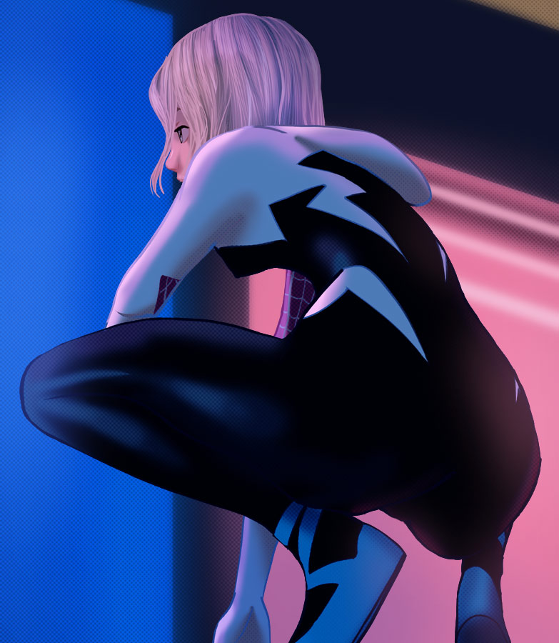 1girl ballet_slippers blonde_hair bodysuit facing_away gwen_stacy haruyama_kazunori hood marvel short_hair silk skin_tight solo spider-gwen spider-man:_into_the_spider-verse spider-man_(series) spider_web spider_web_print squatting superhero