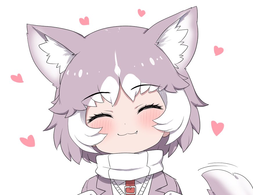 1girl :3 animal_ear_fluff animal_ears blush closed_eyes commentary_request dog_(mixed_breed)_(kemono_friends) dog_ears dog_tail extra_ears eyebrows_visible_through_hair fang grey_hair grey_jacket harness headshot heart jacket kemono_friends multicolored_hair ransusan scarf short_hair solo sweater tail tail_wagging white_hair white_sweater