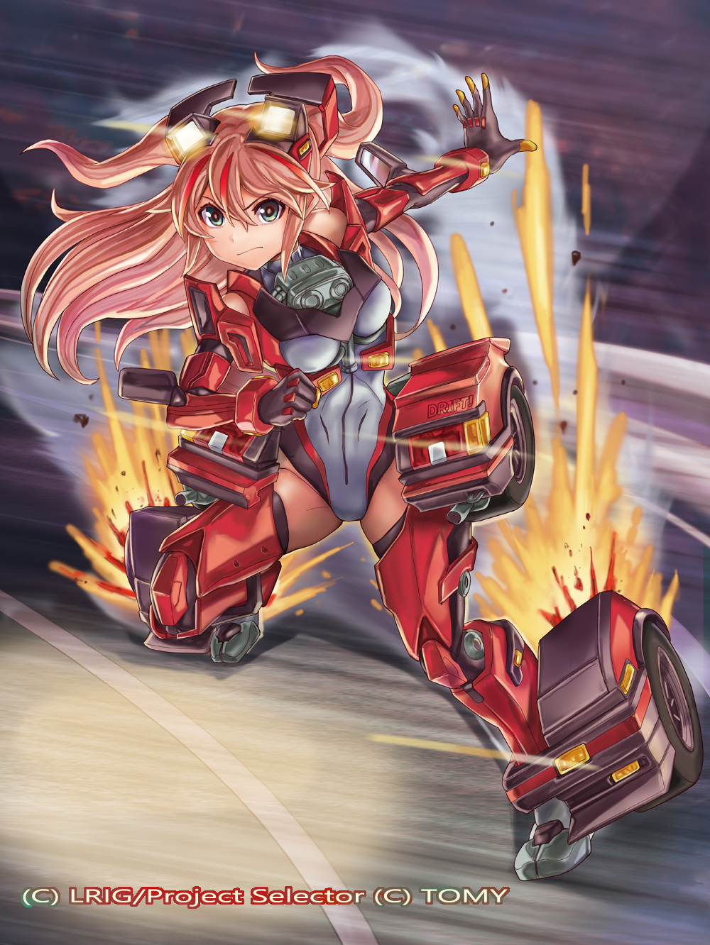 1girl car commentary_request drifting eyebrows_visible_through_hair green_eyes ground_vehicle headlight highres long_hair matsumoto_eight mecha_musume motion_lines motor_vehicle personification red_theme redhead serious solo wheel wixoss