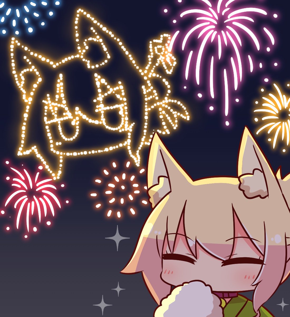 1girl aerial_fireworks animal_ear_fluff animal_ears bangs blonde_hair blush brown_collar closed_eyes cotton_candy eyebrows_visible_through_hair facing_viewer fireworks folded_ponytail fox_ears green_kimono highres japanese_clothes kemomimi-chan_(naga_u) kimono long_hair naga_u night night_sky original outdoors sidelocks sky solo sparkle upper_body