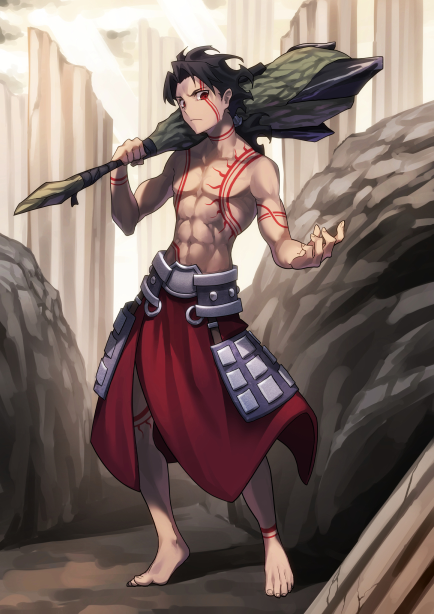 1boy abs alternate_costume arm_tattoo barefoot berserker black_hair chest_tattoo commentary_request facial_tattoo fate/grand_order fate_(series) full_body hair_ornament highres holding holding_weapon kamonegi_(meisou1998) long_hair looking_at_viewer outdoors ponytail red_eyes skirt solo standing stone tattoo topless weapon weapon_request