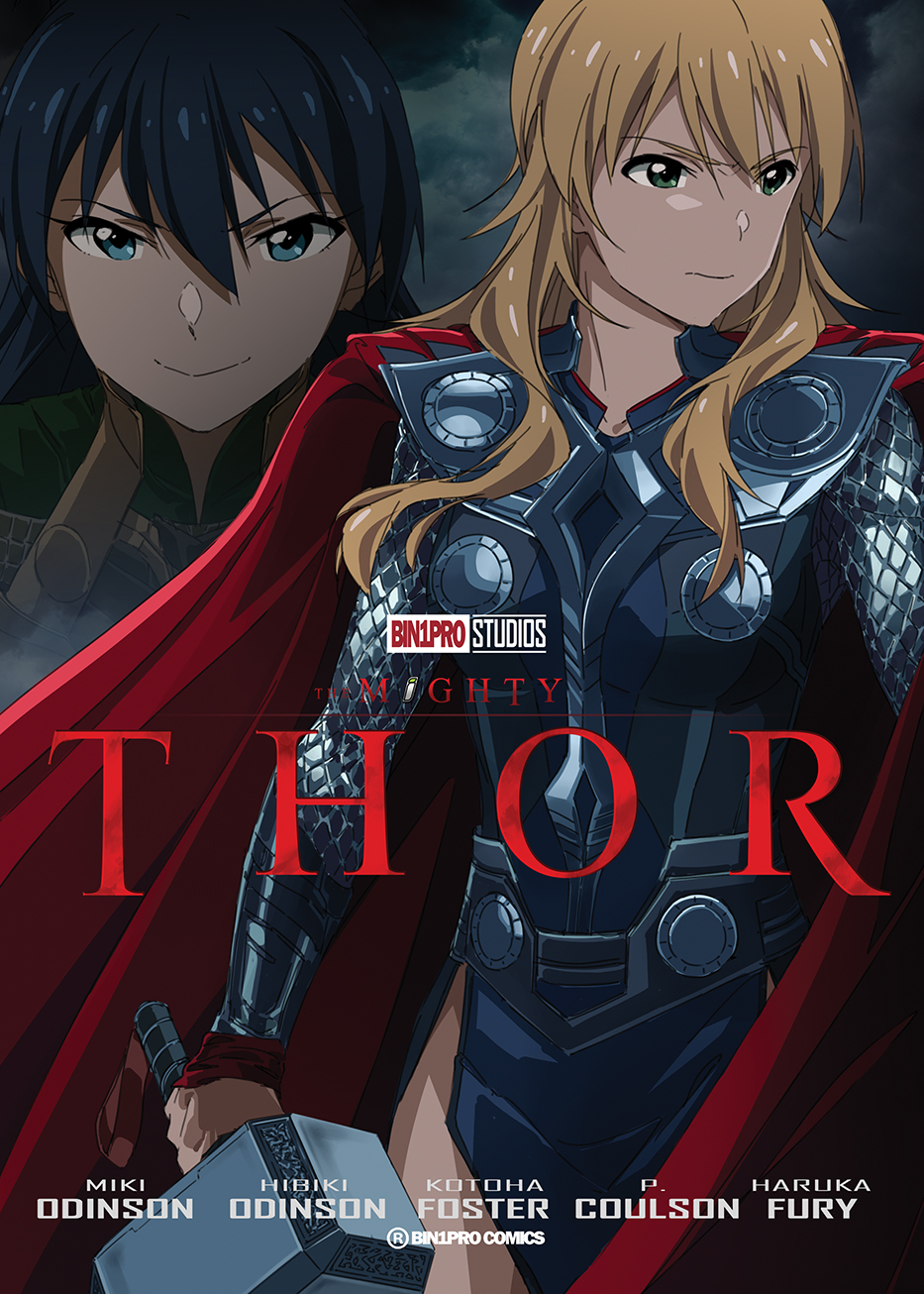 2girls black_hair blonde_hair blue_eyes character_name closed_mouth cosplay ganaha_hibiki green_eyes hair_between_eyes highres holding holding_hammer hoshii_miki long_hair multiple_girls shiny shiny_hair smile taku1122 thor_(marvel) thor_(marvel)_(cosplay)