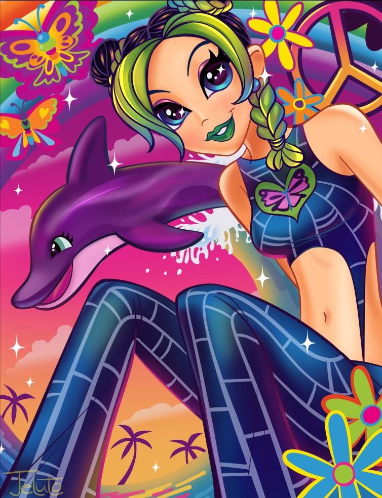 1girl artist_name bangs blue_earrings blue_eyes braid braided_bun breasts bug butterfly dolphin double_bun earrings green_hair insect jeluto jewelry jojo_no_kimyou_na_bouken kuujou_jolyne lipstick looking_at_viewer makeup midriff multicolored_hair navel palm_tree parody parted_bangs peace_symbol pink_sky rainbow sitting small_breasts smile solo stone_ocean style_parody tree two-tone_hair water