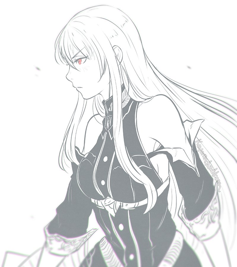 1girl bangs bare_shoulders breasts closed_mouth english_text from_side greyscale koyorin large_breasts long_hair military military_uniform monochrome red_eyes selvaria_bles senjou_no_valkyria senjou_no_valkyria_1 sketch solo uniform very_long_hair