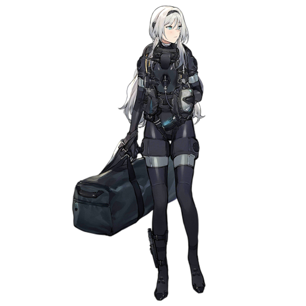 1girl alternate_costume alternate_hair_color an-94_(girls_frontline) bag bangs blue_eyes blush bodysuit character_name closed_mouth combat_knife copyright_name diving_mask diving_suit duffel_bag duoyuanjun eyebrows_visible_through_hair full_body girls_frontline hairband holding_goggles knife knife_holster logo long_hair looking_away official_art oxygen_mask oxygen_tank sidelocks silver_hair solo standing strap swimsuit transparent_background weapon weapon_bag wetsuit