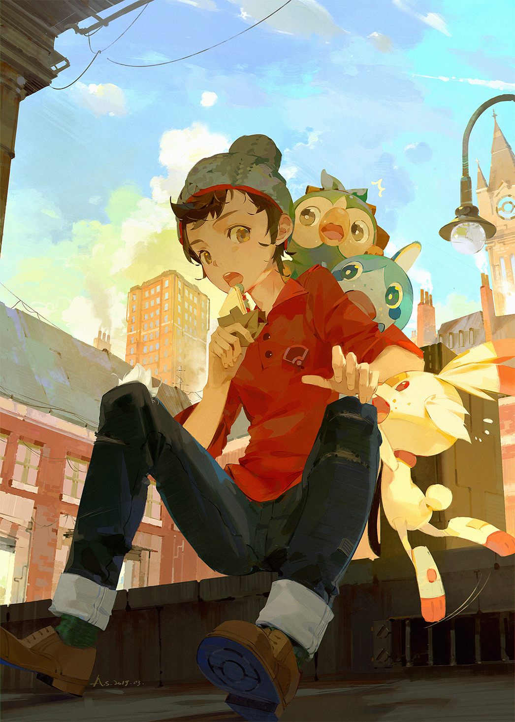 1boy a-shacho beanie brown_eyes brown_hair city clock clock_tower clouds eating from_below grookey hat highres lamppost looking_down male_focus male_protagonist_(pokemon_swsh) open_mouth pants pants_rolled_up pokemon pokemon_(creature) pokemon_(game) pokemon_swsh scorbunny shoes short_hair sitting sky sobble torn_clothes torn_legwear torn_pants tower