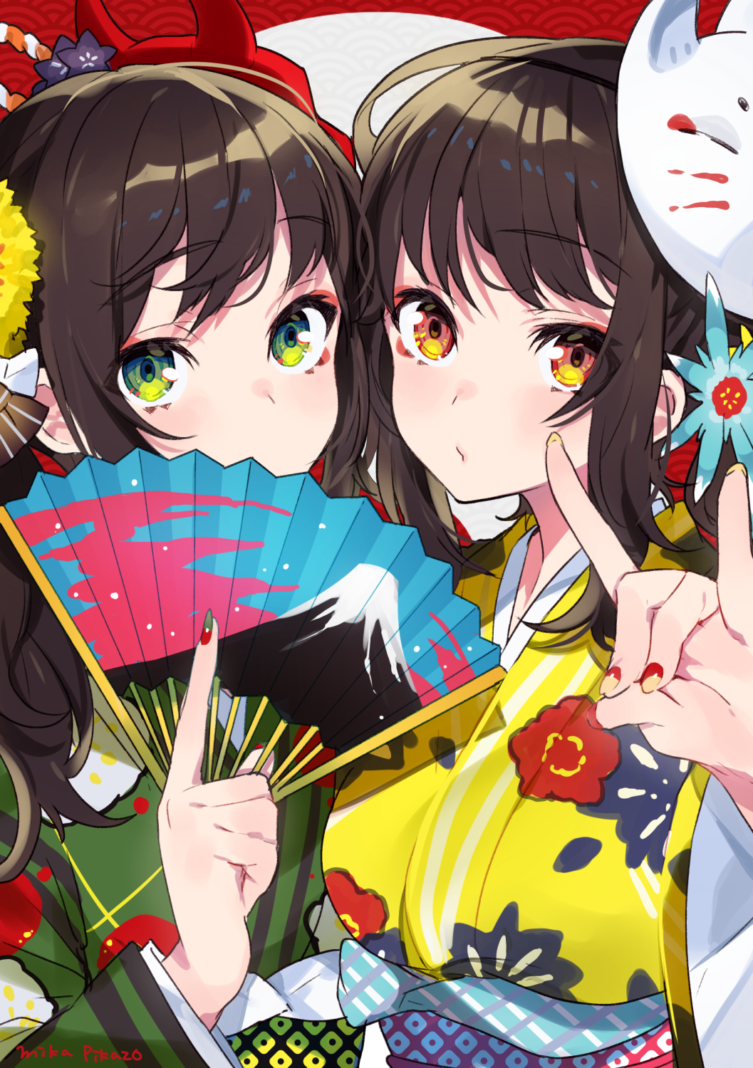 2girls artist_name bangs blue_flower brown_hair brown_nails closed_mouth commentary_request covered_mouth eyebrows_visible_through_hair fan fingernails floral_print flower folding_fan fox_mask fox_shadow_puppet green_eyes green_kimono green_nails hair_flower hair_ornament hand_up highres holding holding_fan japanese_clothes kimono long_hair mask mask_on_head mika_pikazo multicolored multicolored_nails multiple_girls nail_polish obi oni_mask original print_kimono red_eyes red_nails sash seigaiha signature striped upper_body vertical_stripes yellow_flower yellow_kimono