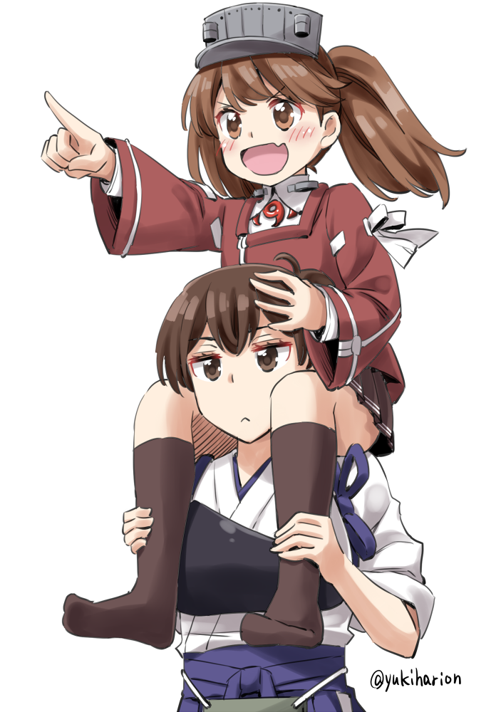 2girls blue_hakama brown_eyes brown_hair brown_legwear brown_skirt carrying fang hakama japanese_clothes kaga_(kantai_collection) kantai_collection kariginu kneehighs long_hair magatama multiple_girls muneate open_mouth pleated_skirt pointing ryuujou_(kantai_collection) shoulder_carry side_ponytail skirt tasuki tsurime twintails visor_cap white_background yukiharu