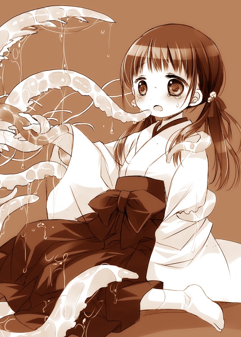 1girl bangs bell blush bow brown_background commentary_request crying crying_with_eyes_open eyebrows_visible_through_hair hair_bell hair_ornament hair_ribbon hakama japanese_clothes jingle_bell kimono long_hair long_sleeves low_twintails miko monochrome open_mouth original ribbon sakurazawa_izumi simple_background sitting socks solo tabi tears tentacles twintails wariza wide_sleeves