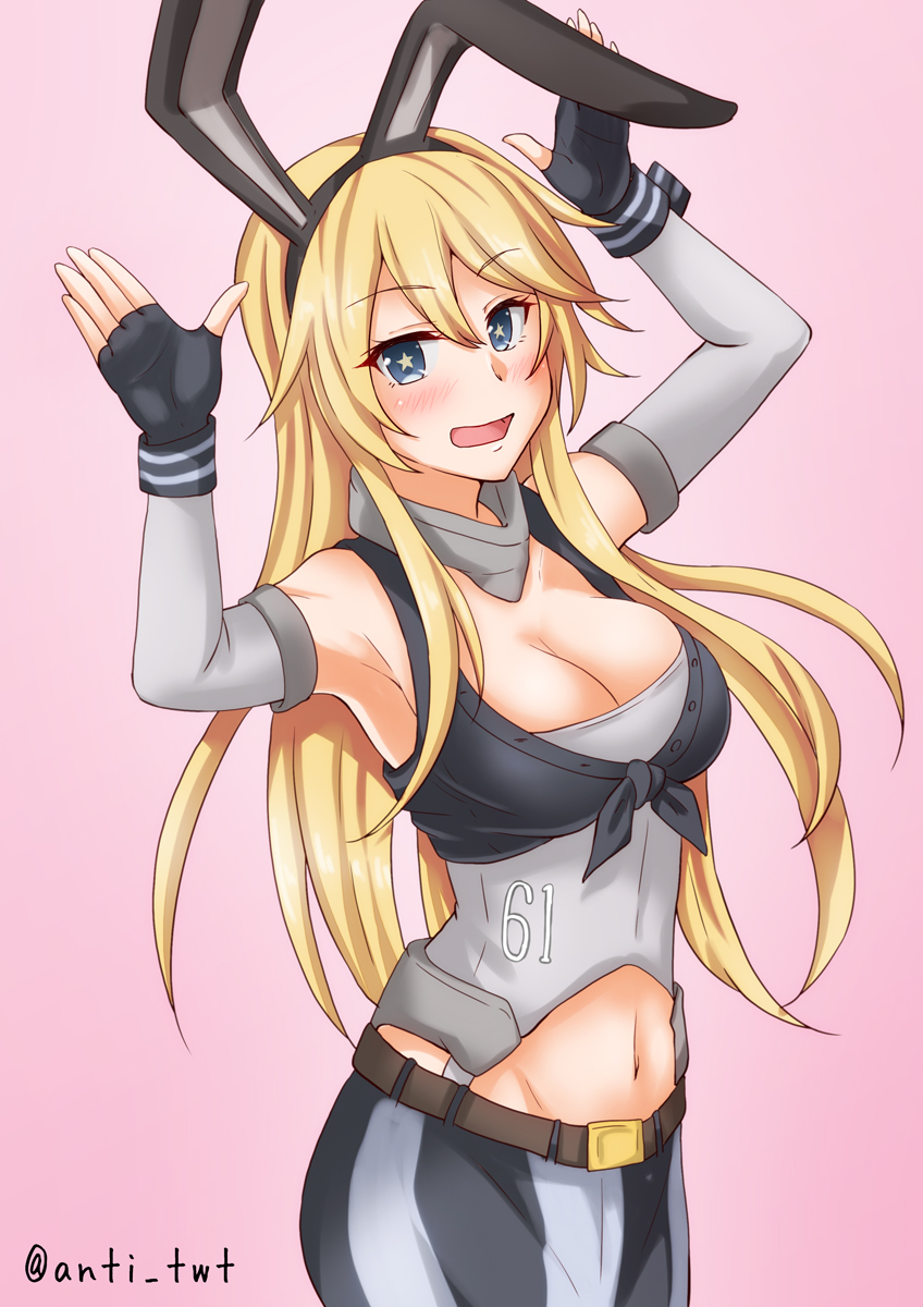 1girl animal_ears anti_(untea9) blonde_hair blue_eyes breasts bunny_pose commentary_request elbow_gloves fingerless_gloves front-tie_top gloves highres iowa_(kantai_collection) kantai_collection large_breasts long_hair looking_at_viewer miniskirt pink_background rabbit_ears simple_background skirt solo star star-shaped_pupils striped striped_legwear symbol-shaped_pupils thigh-highs vertical-striped_legwear vertical_stripes