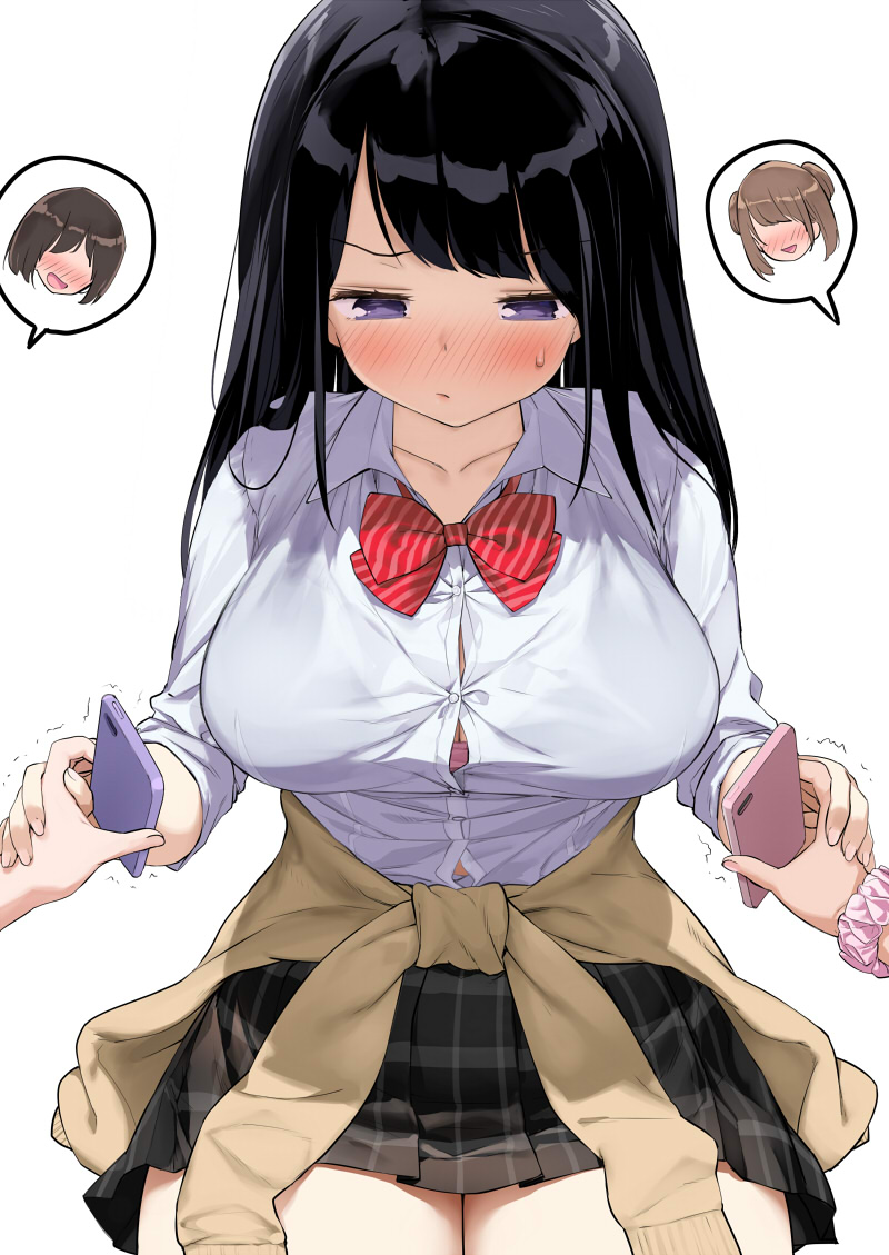3girls bangs black_hair black_skirt blush bow bowtie bra breasts brown_cardigan brown_hair bursting_breasts button_gap cardigan_around_waist cellphone closed_mouth collarbone collared_shirt commentary_request cowboy_shot dress_shirt embarrassed faceless faceless_female half-closed_eyes holding_hands kaisen_chuui large_breasts long_hair long_sleeves looking_down miniskirt motion_lines multiple_girls nose_blush open_mouth original phone pink_bra pink_scrunchie pleated_skirt red_neckwear school_uniform scrunchie see-through shirt shirt_tucked_in short_hair simple_background skirt sleeves_pushed_up smartphone smile solo_focus speech_bubble standing striped striped_neckwear sweat trembling underwear violet_eyes white_background white_shirt wrist_scrunchie yuri