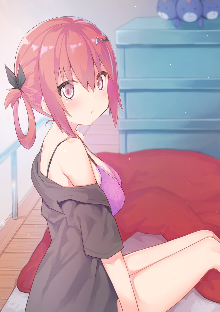 1girl :/ bat_hair_ornament bed bed_sheet black_shirt blush bra breasts cerberus closed_mouth eyebrows_visible_through_hair from_side gabriel_dropout hair_between_eyes hair_ornament hair_rings highres indoors kerun kurumizawa_satanichia_mcdowell looking_at_viewer medium_breasts off_shoulder on_bed pink_bra pink_eyes railing redhead shirt short_sleeves sitting solo stuffed_animal stuffed_toy underwear