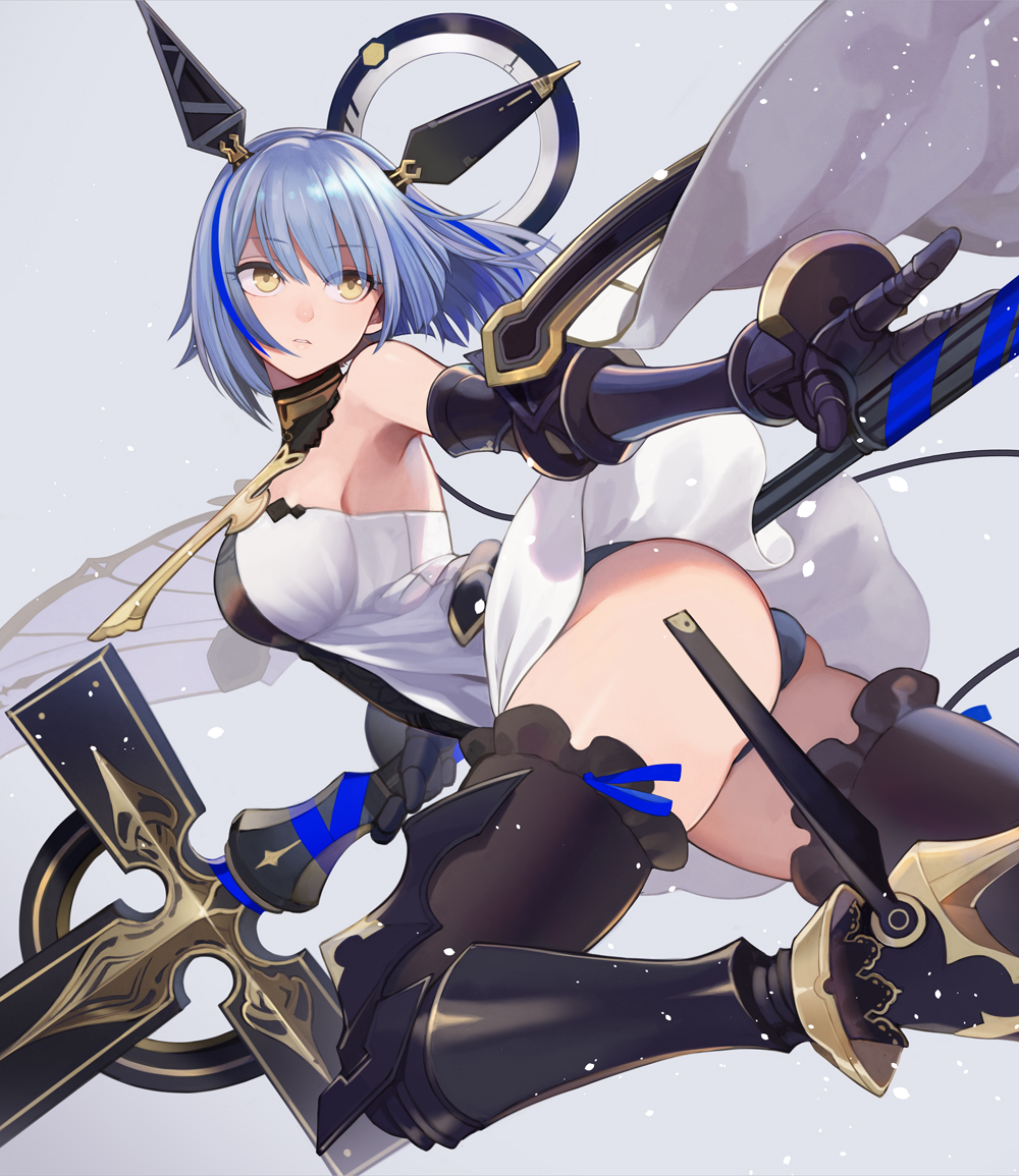 1girl armored_boots ass azur_lane bangs bare_shoulders black_legwear blue_background blue_hair boots breasts cross_(weapon) dress eyebrows_visible_through_hair floating_headgear gascogne_(azur_lane) gauntlets hair_between_eyes headgear high_heel_boots high_heels holding holding_weapon knee_boots large_breasts multicolored_hair parted_lips purple_hair short_hair simple_background solo strapless strapless_dress streaked_hair thigh-highs thighs weapon white_dress yellow_eyes yuko_(uc_yuk)