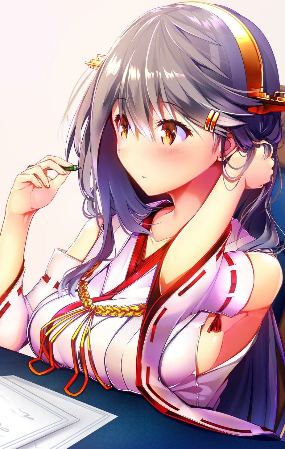 1girl adjusting_hair aiguillette bangs bare_shoulders black_hair blush breast_rest breasts brown_eyes detached_sleeves hair_ornament hairband hairclip haruna_(kantai_collection) headgear highres holding holding_pen japanese_clothes kantai_collection large_breasts long_hair nontraditional_miko pen remodel_(kantai_collection) sitting solo swept_bangs tsukui_kachou