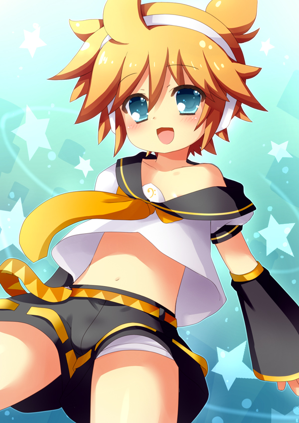 1boy bass_clef blonde_hair blue_eyes blush funny_cat hair_between_eyes headphones headset kagamine_len looking_at_viewer midriff navel open_mouth shorts smile solo vocaloid