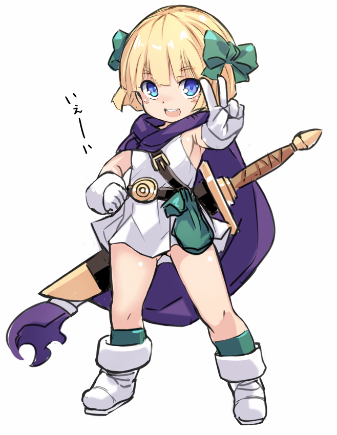 1girl :d ass_visible_through_thighs bangs bianca's_daughter blonde_hair blue_eyes blush boots bow cape dragon_quest dragon_quest_v dress eyebrows_visible_through_hair full_body gloves green_bow green_legwear hair_bow karukan_(monjya) kneehighs open_mouth outstretched_arm purple_cape short_dress short_hair simple_background sleeveless sleeveless_dress smile solo standing sword sword_behind_back translated v weapon weapon_on_back white_background white_dress white_footwear white_gloves