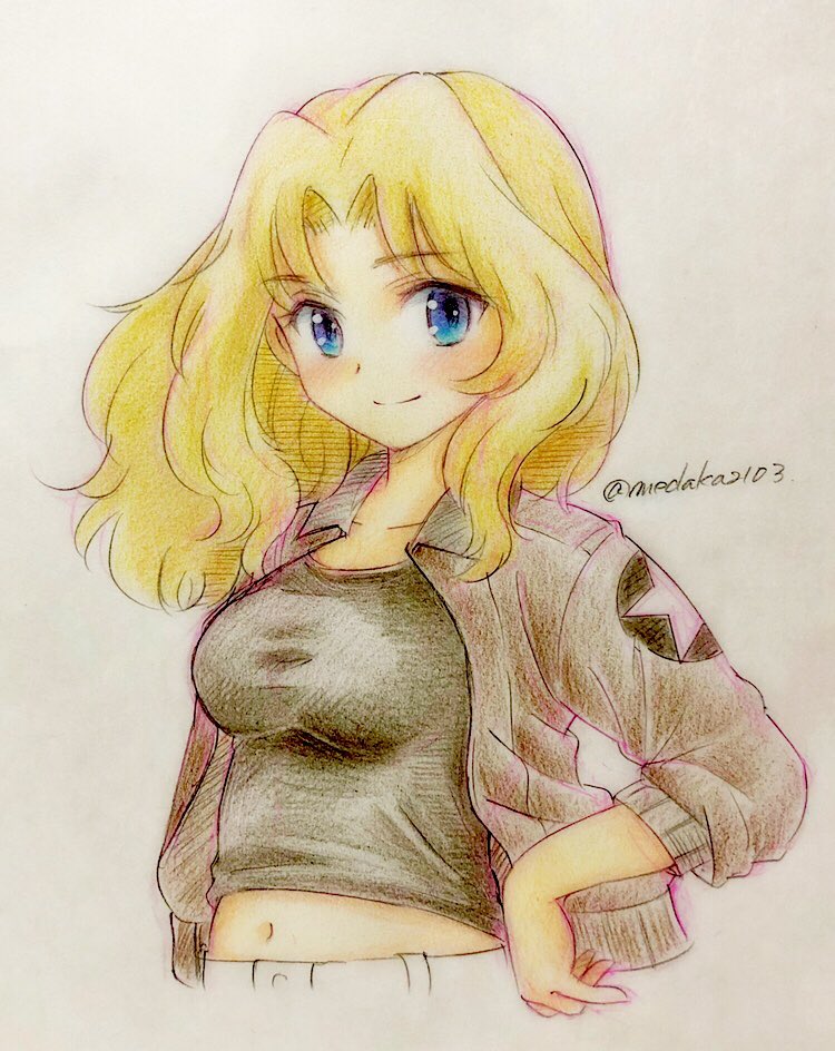 1girl black_shirt blonde_hair blue_eyes brown_jacket closed_mouth colored_pencil_(medium) commentary cropped_torso emblem eyebrows_visible_through_hair girls_und_panzer hair_intakes hand_on_hip jacket kay_(girls_und_panzer) light_blush long_hair long_sleeves looking_at_viewer midriff military military_uniform navel q-bee_(aaru) saunders_military_uniform shirt smile solo standing star traditional_media twitter_username uniform upper_body